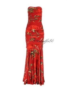 Dolce & Gabbana SS2015 Carnation Print Strapless Ruched Maxi Gown